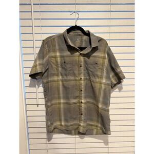 Kuhl Mens Large Short Sleeve Plaid Button Down Shirt Tapered Fit Olive Grey